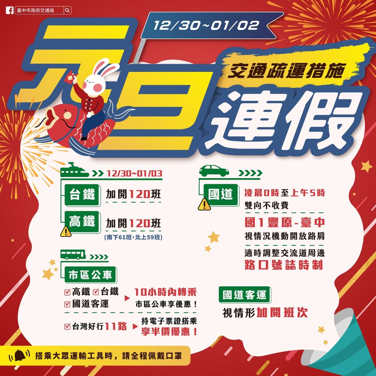 ▲元旦假期交通疏運措施，中市府籲搭大眾運輸工具享優惠(圖／交通局提供2022.12.27)