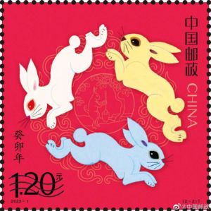▲名為「同圓共生」的兔子郵票，背景襯以「玉兔搗藥」的紋飾。（圖／翻攝自微博）