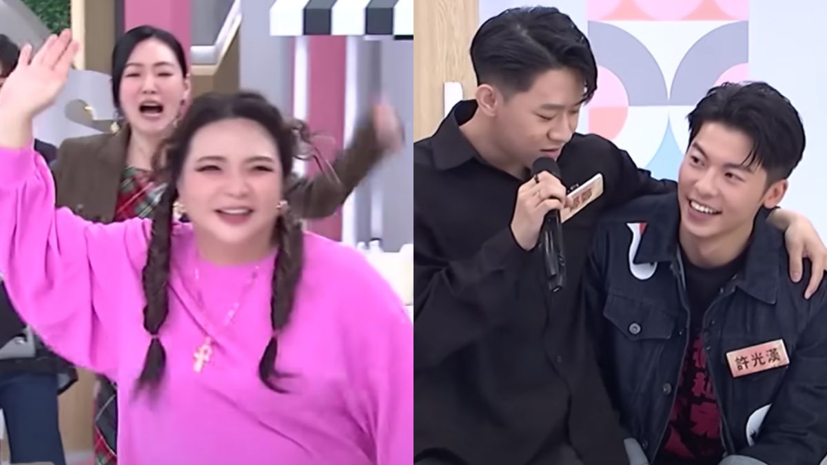 ▲許光漢（右）錄製《小姐不熙娣》被小S要求演出坐大腿劇情，小甜甜激動到衝進棚內自薦。（圖／翻攝自《小姐不熙娣》YouTube）