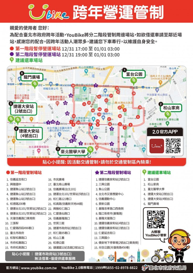 ▲因應北市跨年晚會,市府周邊於交通管制期間,Youbike等共享運具也無法使用。(圖/觀傳局提供)