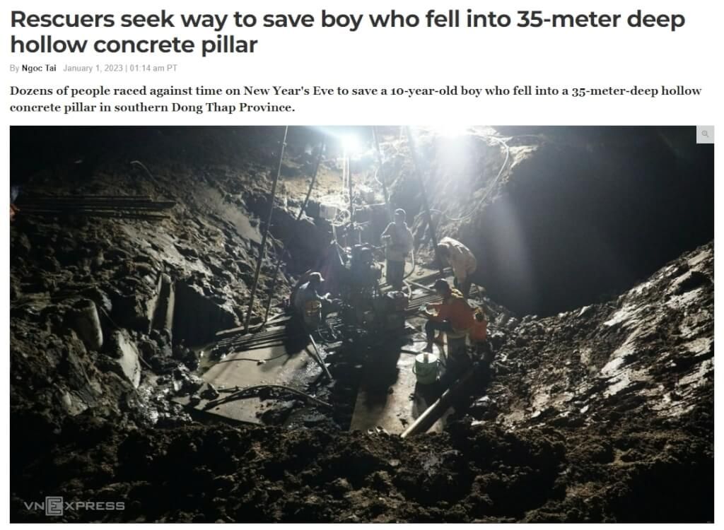 ▲越南快訊報導，越南10歲男童泰李浩南12月31日在工地撿拾廢鐵，失足掉入洞口寬度僅25公分、深達35公尺的圓形水泥管，救難人員搜救行動邁入第2夜，仍無法確定男童的狀況。（圖取自越南快訊網頁）