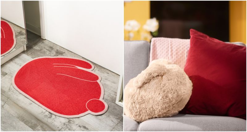 ▲IKEA推出FÖSSTA春節限定系列，將萌兔融入居家布置，有兔子門墊（左）、兔子靠枕（右）等。（圖／IKEA提供）