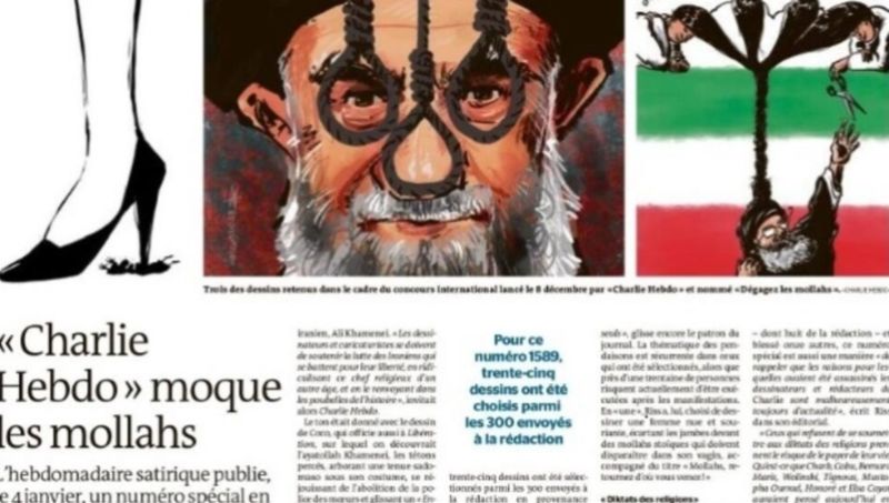 ▲法國的嘲諷雜誌「查理週刊」發表以伊朗最高領袖哈米尼為劊子手的系列漫畫後，引發伊朗政府不滿，但週刊獲國際與伊朗人民支持。（圖／翻攝自Le Monde）