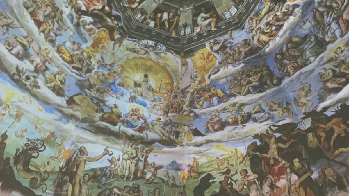 ▲「末日審判」為跨國團隊爬上50公尺高的穹頂拍攝壁畫實景，取得高解析度底片授權，再以數位動畫科技重新演繹（圖／記者林怡孜攝，2023,01,09）