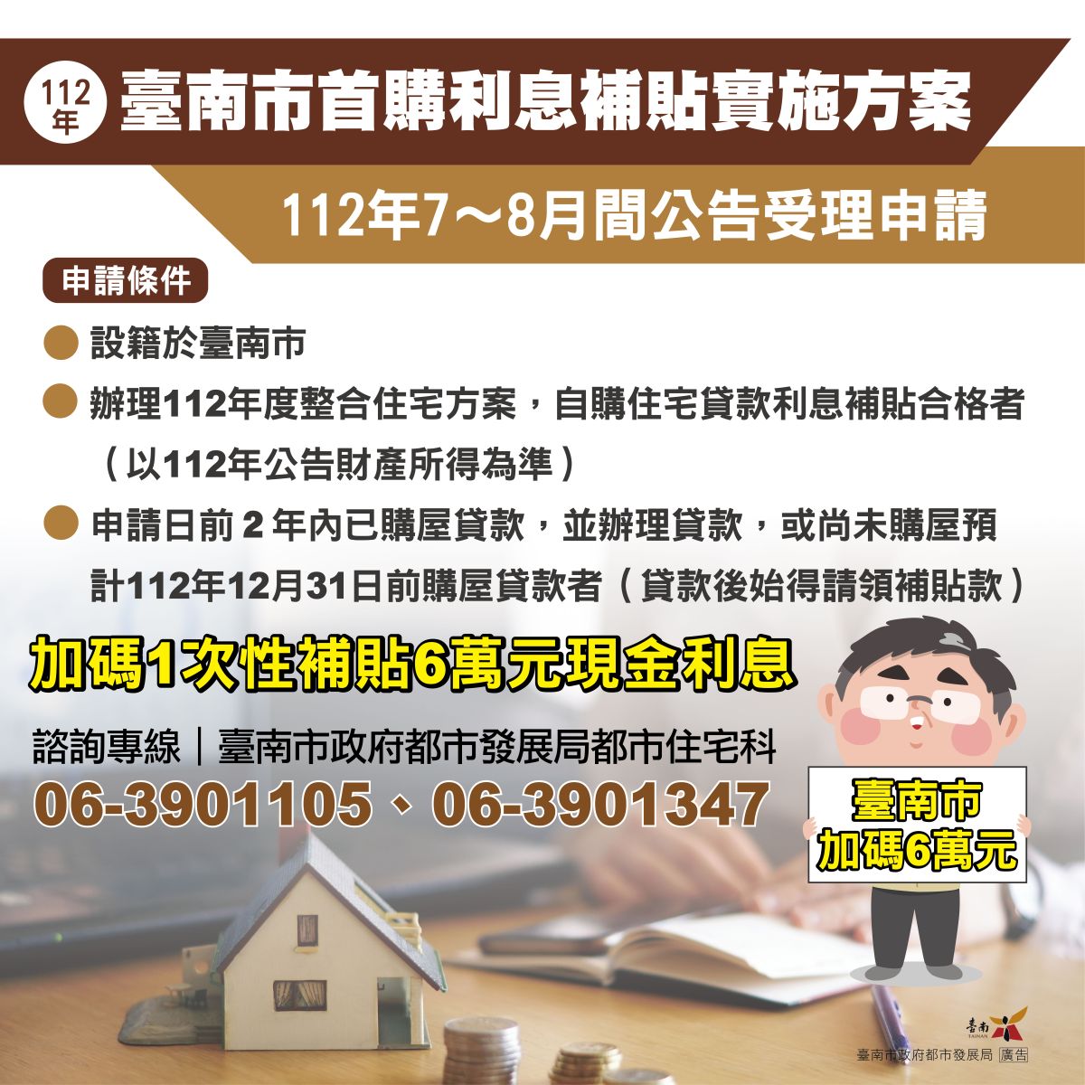 ▲設籍台南市符合條件的首購族可獲加碼補貼6萬元（圖／台南市政府提供）