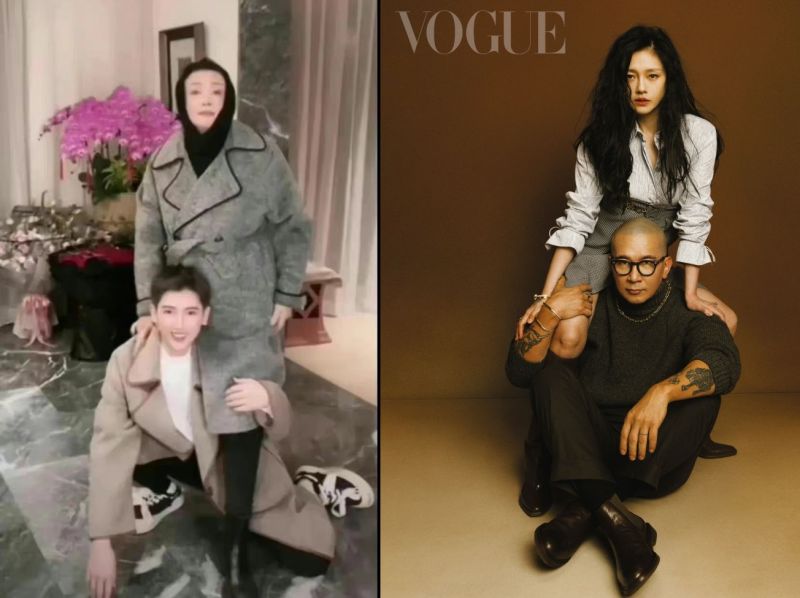 ▲張蘭和助理（左圖）模仿大S、具俊曄的時尚照（右圖），逗樂許多網友。（圖／翻攝自微博、VOUGE雜誌） 