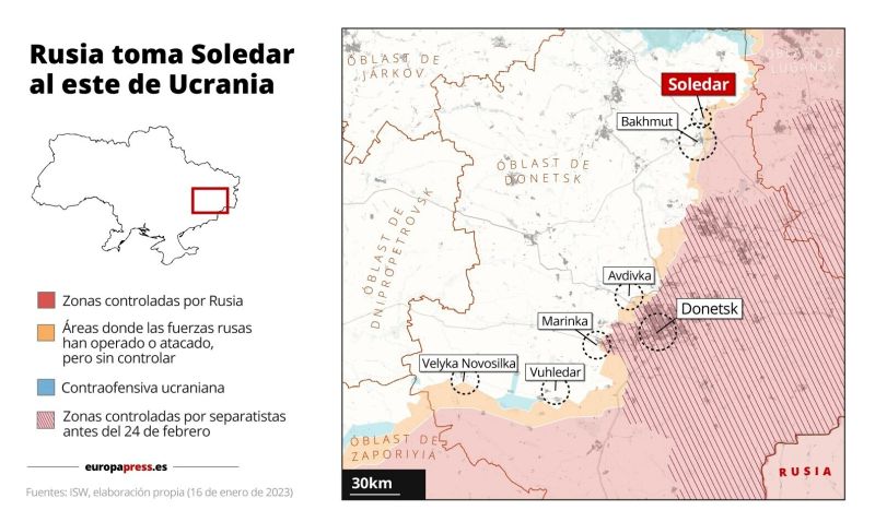 ▲繼近2週前俄羅斯軍隊與傭兵組織瓦格納集團（Wagner Group）宣稱攻占烏克蘭東部鹽礦城鎮蘇勒答爾（Soledar）之後，烏克蘭當局首度證實，烏軍已撤離蘇勒答爾。地理位置示意圖。（圖／美聯社／達志影像）