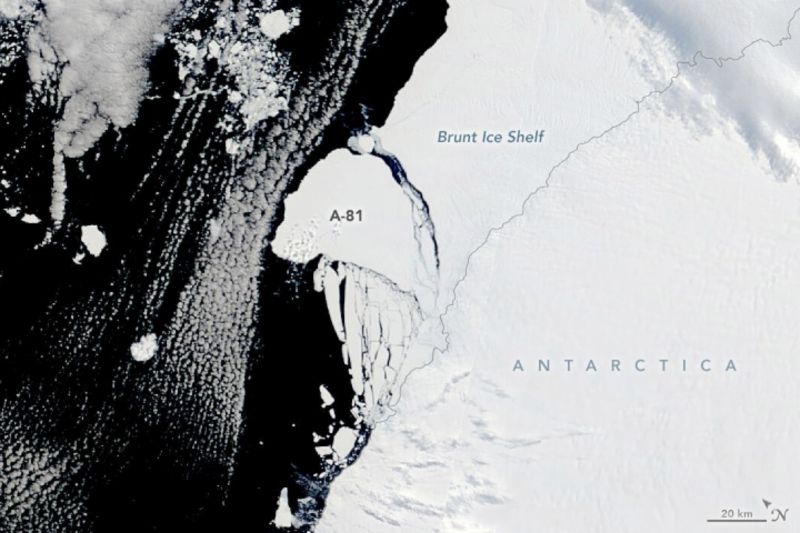 ▲南極一座冰山最近從布倫特冰架（Brunt Ice Shelf）崩離，面積相當於大倫敦地區。（圖／翻攝自NASA Earth Observatory）