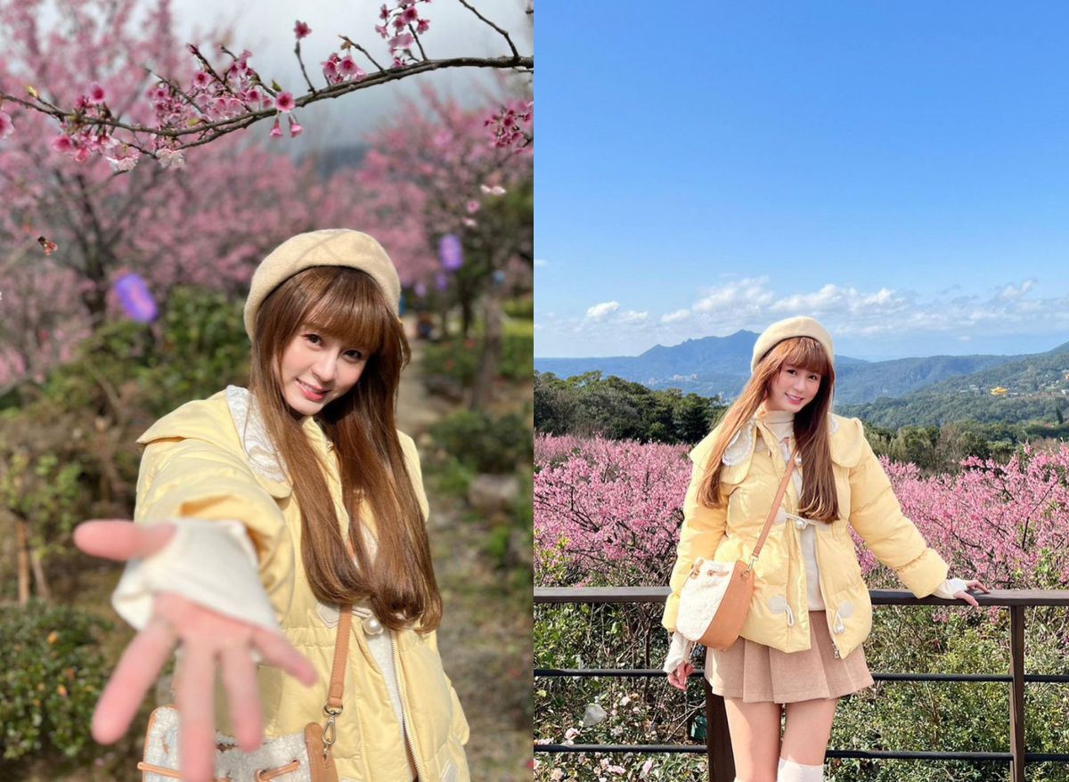 ▲短今穿著百褶短裙到陽明山賞櫻，讓大批粉絲讚翻。（圖／翻攝自短今IG）
