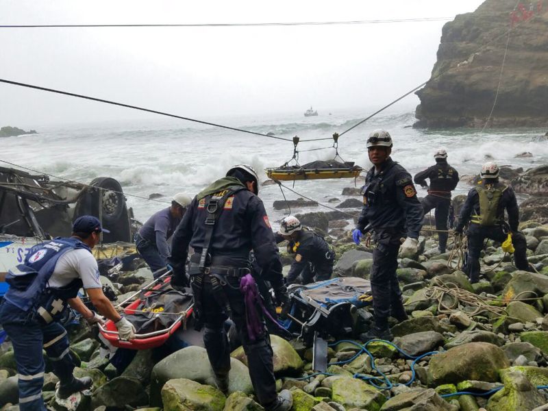 ▲祕魯警方表示，一輛載有60名乘客的巴士今天在該國西北部皮烏拉省（Piura province）墜入被稱為「魔鬼彎」（Devil's Curve）的懸崖，這起意外事件造成至少24人身亡。（圖／美聯社／達志影像）