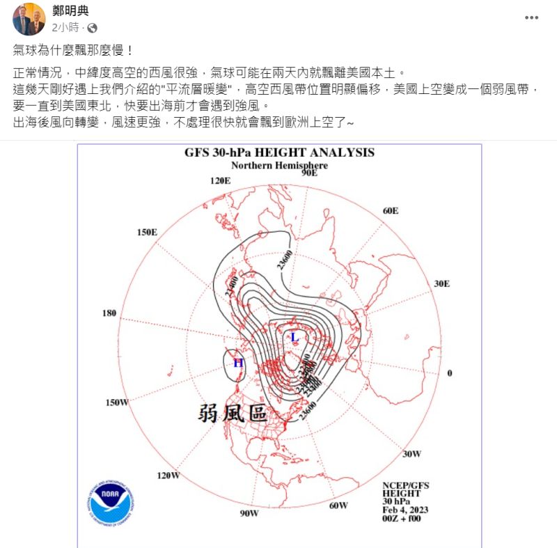 ▲中央氣象局長鄭明典也解釋,這顆中國的氣球在美國上空緩慢飄盪的原因。(圖/鄭明典臉書)