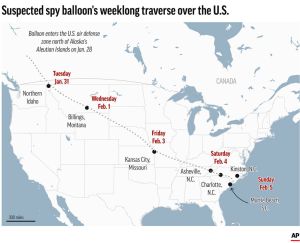 ▲《美聯社》分析疑似間諜氣球的路徑。（圖／美聯社／達志影像）