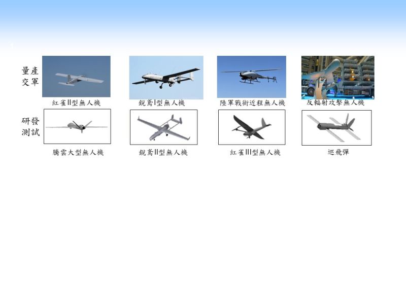 ▲中科院現有量產、研發中的軍用無人機種。(圖/國防部提供)