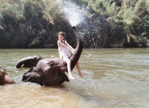 ▲紀卜心騎在大象鼻子上，大象還用水噴她。（圖／翻攝自紀卜心IG）