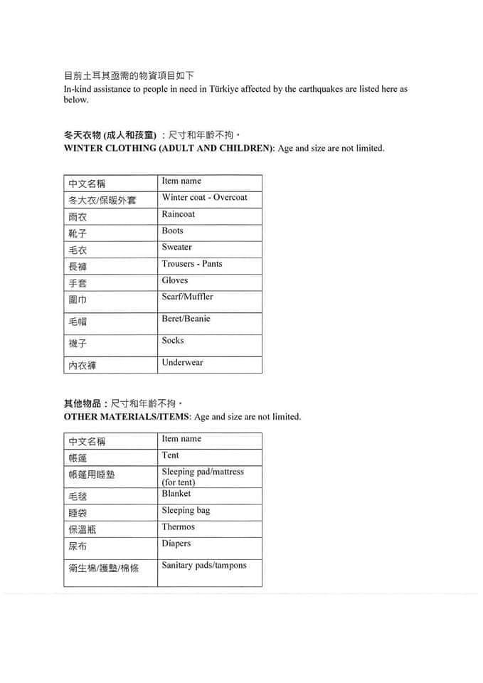▲「亟需物資」清單(圖／柳榮俊翻攝2023.2.10)