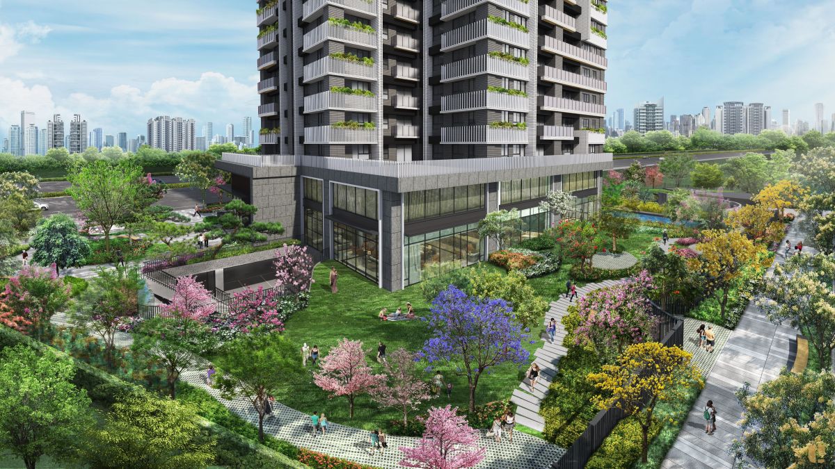 ▲「豐邑G TOWER」1300坪花園泳池、雲瀑會館3D中庭示意圖。（圖／品牌提供）