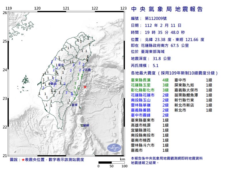 ▲今（11）天晚間7點35分，台灣東部海域發生地震。（圖／中央氣象局）