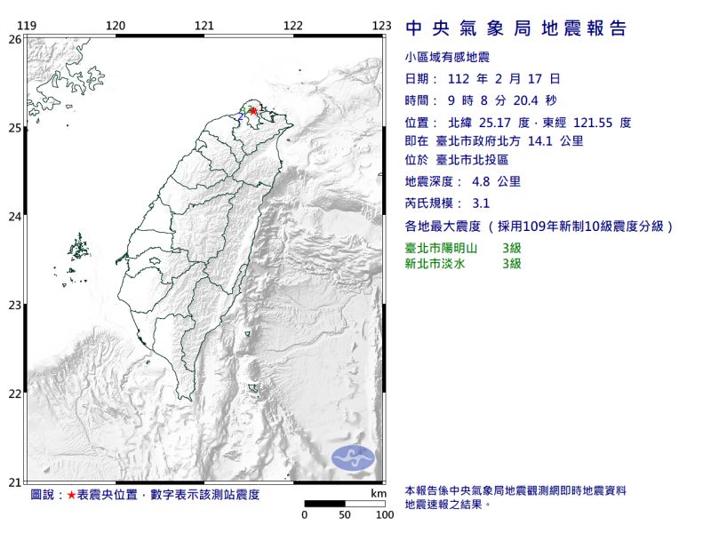 ▲今（17）日上午09:08，台北市北投區發生有感地震。（圖／NOWnews製作）