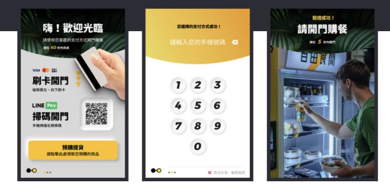 ▲自由食間為智慧型無人商店，刷卡或LINE Pay後再輸入手機號碼後才能開啟冰箱。(圖／翻攝自由食間官網)