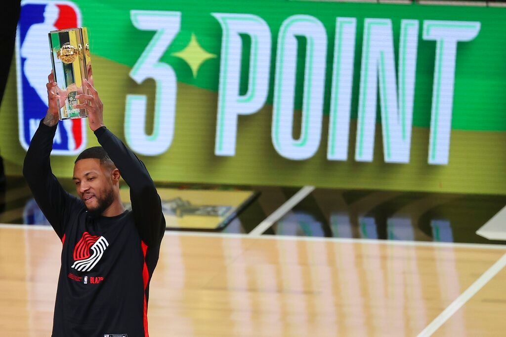 ▲波特蘭拓荒者超級球星Damian Lillard奪得三分球大賽冠軍。（圖／美聯社／達志影像）