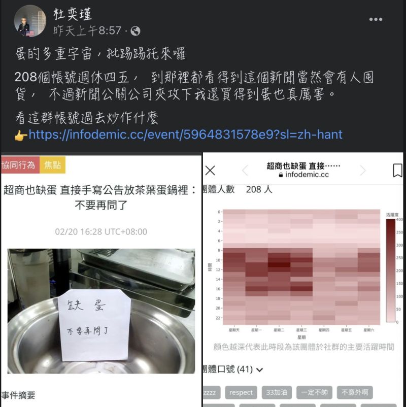 ▲PTT「創世神」杜奕瑾22日表示，發現了208個PTT帳號有「周休四五」的協同行為。（圖/杜奕瑾臉書）