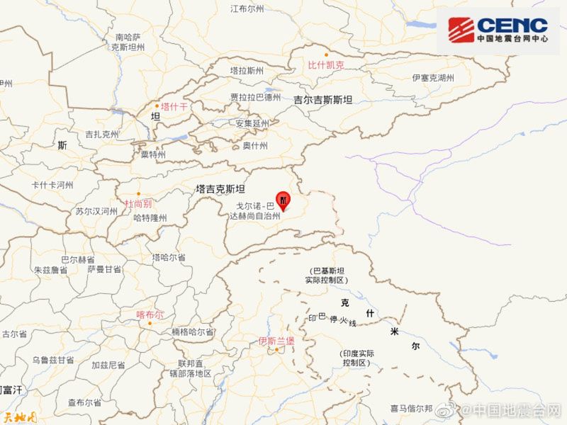 ▲中國今（23）早上8時37分在塔吉克發生7.2級地震，震源深度10公里，造成新疆喀什等地震感強烈。（圖／翻攝自中國地震台網）