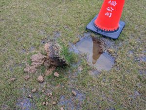 新竹棒球場積水 ▲市府表示,根據市府過去三次排水測試結果,紅土區及左、中、右外野草皮皆有積水問題,等同整個場地恐都需要做排水改善工程。(圖/新竹市政府提供)