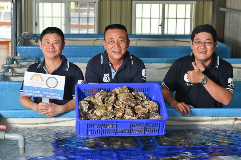 ▲探索水產運用全台唯一深層海水馴化專利技術淨化過後的生蠔。左起：執行長鍾政男、董事長蔡啟林、技術長黃秉益。（圖／品牌提供）