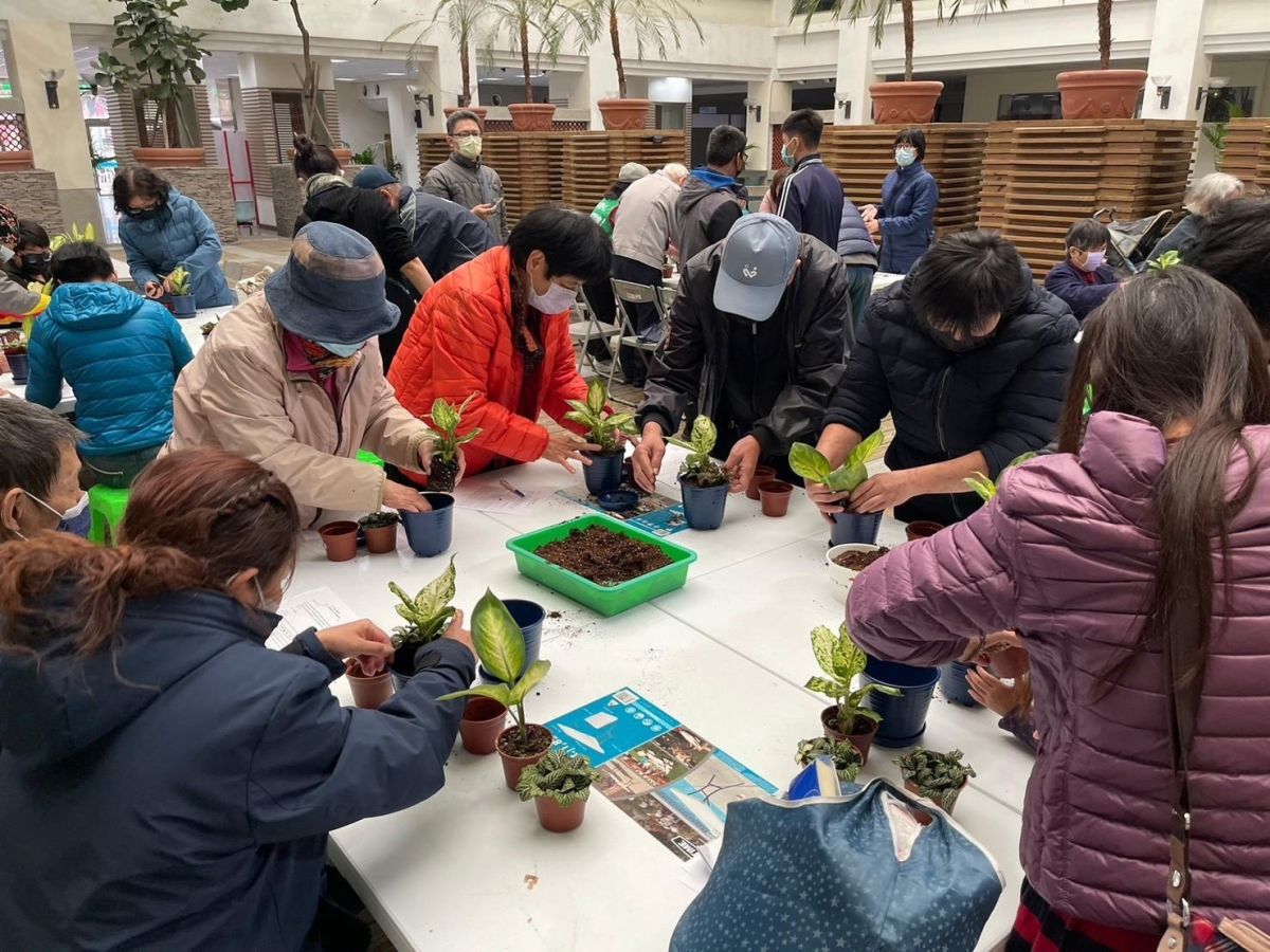 ▲中市愛心食物銀行豐原店舉辦「225一起植下希望」活動，邀請服務對象和社區民眾製作盆栽(圖／社會局提供2023.2.25)