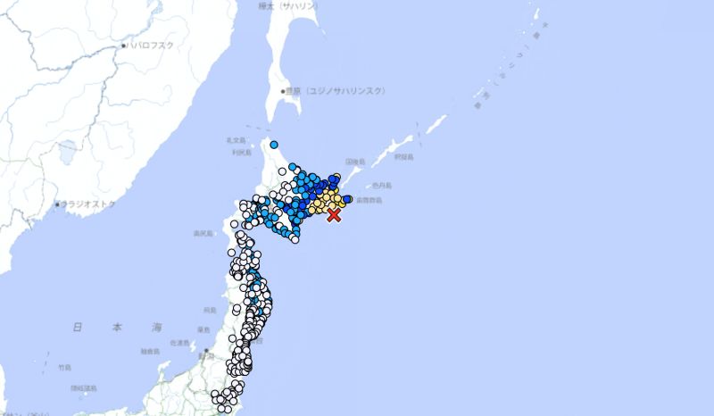 ▲日本北海道外海今晚發生地震，芮氏規模6.1。（圖／日本氣象廳）