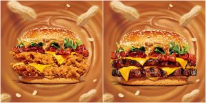 ▲美式花生重磅雙層辣雞堡（左）、每是花生重磅雙牛堡（右）。（圖／漢堡王提供）