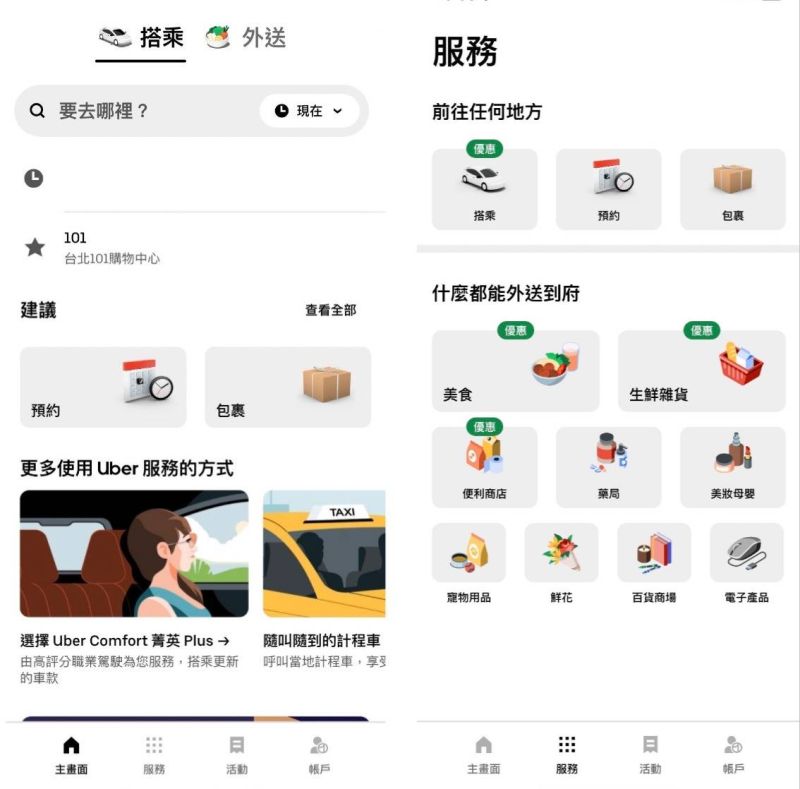 ▲《Uber》 App更新整合了「搭乘」及「外送」路徑，使用更加方便。(圖／手機截圖)