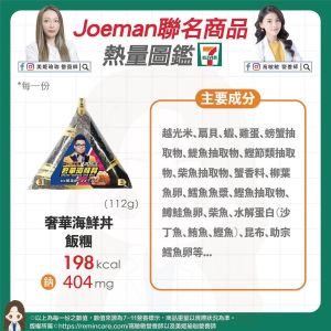 ▲Joeman聯名商品之「奢華海鮮丼飯糰」熱量圖鑑。（圖／高敏敏提供）
