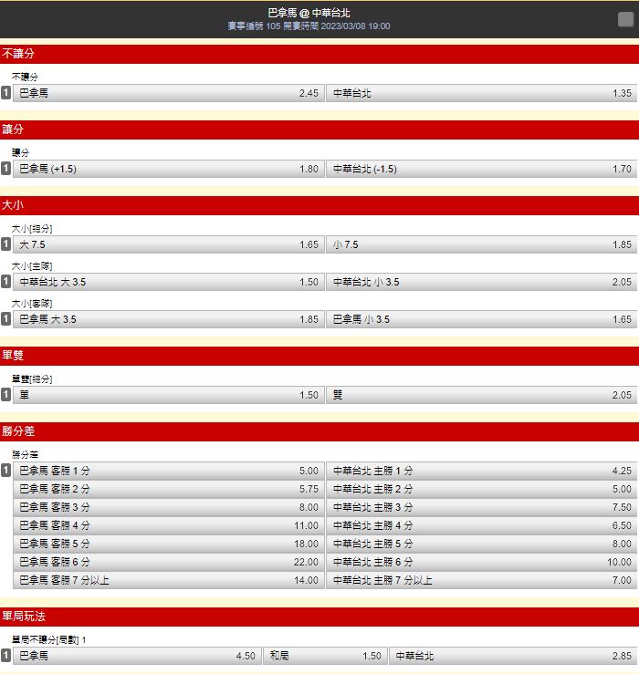 ▲3月8日晚上7點，中華隊將對戰中華台北，最新賠率出爐。（圖／翻攝自台灣運彩官網）