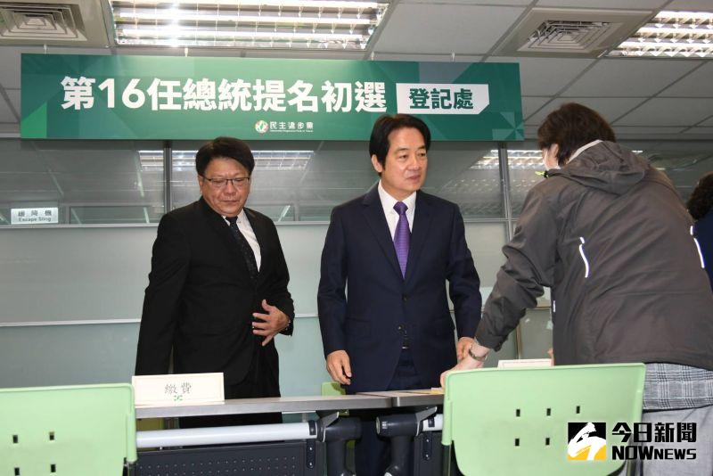▲賴清德在潘孟安及幕僚陪同下,赴中央黨部登記投入總統初選。(圖/記者林調遜攝,2023.03.15)