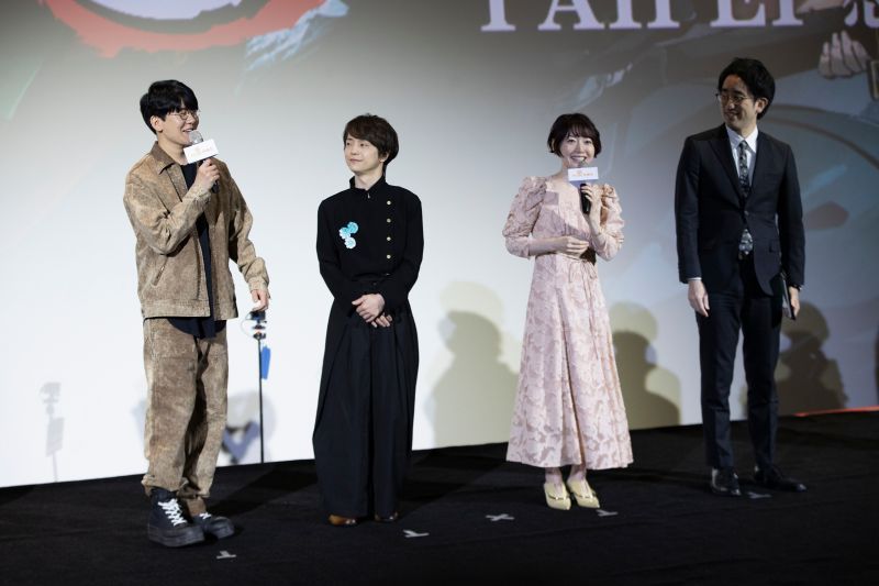 ▲《鬼滅之刃 上弦集結，前進刀匠村》聲優感謝場，花江直樹（左起）、河西健吾、花澤香菜及動畫製作人高橋祐馬。（圖／木棉花提供）