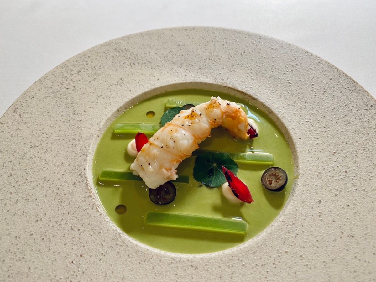 ▲「LOPFAIT樂斐法式餐廳」2023年的春季套餐，把莫內名畫《睡蓮》、達文西「黃金比例1.6180339」變成法式料理端上桌；邀客人在前菜「蒙德里安」上揮灑創作再吃下肚。揉合日法韻味的主餐「芳苑玉露鴨」有清爽脂香。（圖／記者蕭涵云攝）