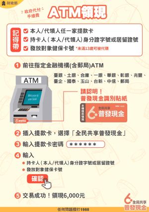 ▲ATM領現請識別貼有「普發現金識別貼紙」,萬一你持的是「警示帳戶」提款卡,則無法在ATM領現,必須到郵局臨櫃辦理。(圖/財政部提供) ▲ATM領現請識別貼有「普發現金識別貼紙」,萬一你持的是「警示帳戶」提款卡,則無法在ATM領現,必須到郵局臨櫃辦理。(圖/財政部提供)