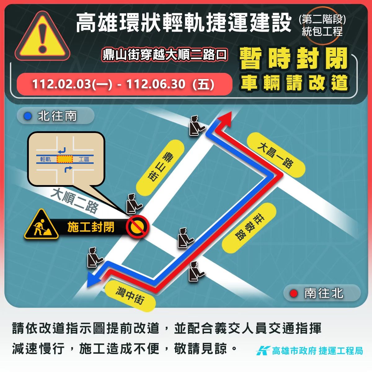 ▲高雄輕二階大順路與鼎山街南北向路口，封閉時間延長至6月30日。（圖／高市府捷運局提供）
