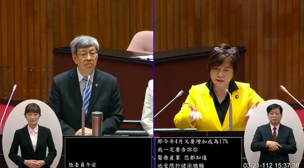 ▲立委張育美指出電價調漲影響醫院營運,行政院長陳建仁(左)表示,節電比漲電價更有效果。(圖/翻攝自國會直播頻道)