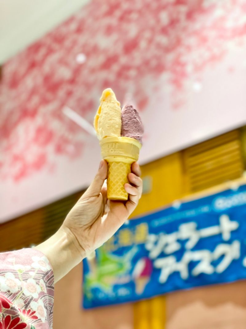 ▲北海道特有水果冰淇淋,哈密瓜、藍靛果口味必吃。(圖/記者蕭涵云攝)