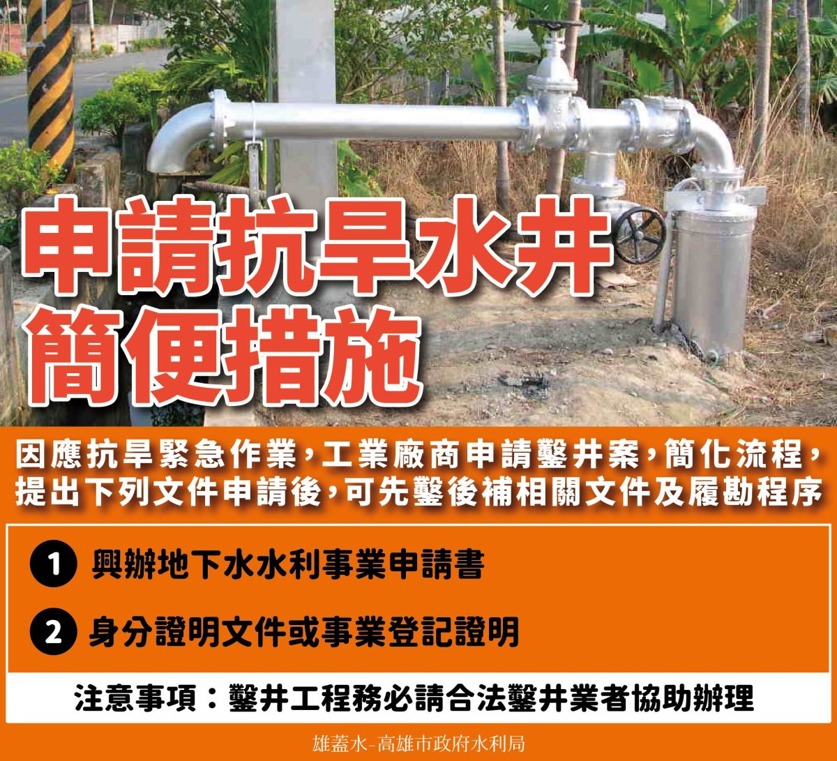 ▲因應旱災，高市府取消地下水引水量限制並簡化鑿井申請程序，至水情燈號轉為綠燈或解除為止。（圖／高市府提供）