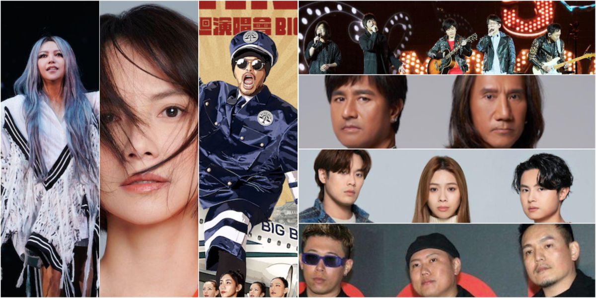 ▲阿妹（左圖左起）、「大港女神」李心潔、黃明志、五月天（右圖上起）、動力火車、告五人、玖壹壹都將陸續開唱。（圖／聲動娛樂、初日音樂、亞洲通文創、相信音樂、華研國際提供、NOWnews資料照）