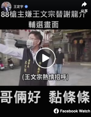 民進黨立委王定宇在臉書貼出王文宗幫謝龍介輔選的影片 ▲民進黨立委王定宇在臉書貼出王文宗幫謝龍介輔選的影片。(圖/翻攝自王定宇臉書)
