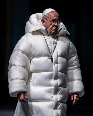 ▲這一組教宗方濟各（Pope Francis）穿著長版羽絨服的照片在網路爆紅，但其實是AI生成的假照片。（圖／翻攝自Reddit）