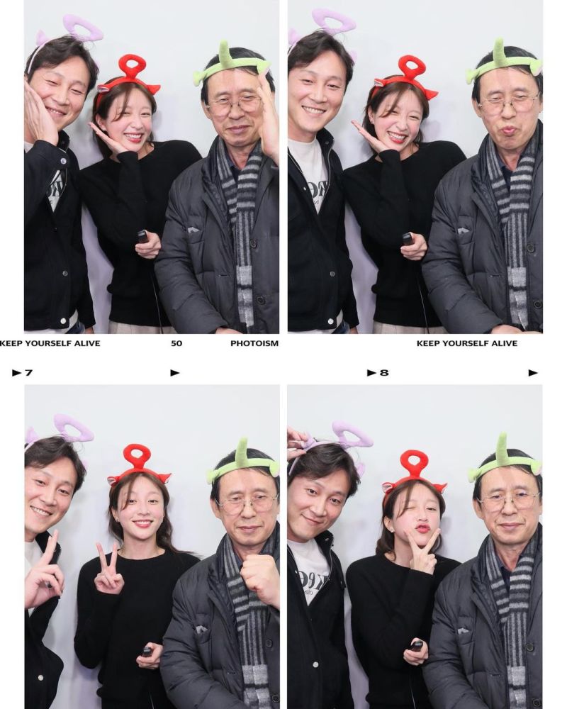 ▲Hani（中）和爸爸、梁在雄（左）一起玩拍貼機。（圖／Hani IG）