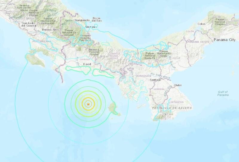 ▲美國地質調查所（USGS）指出，中美洲國家巴拿馬外海發生規模6.3地震，地震深度僅13公里，巴拿馬境內各地有感。（圖擷自USGS）
