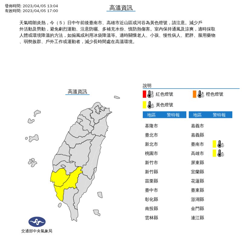 ▲中央氣象局在中午過後針對對台南市、高雄市發布高溫資訊。（圖／中央氣象局提供）