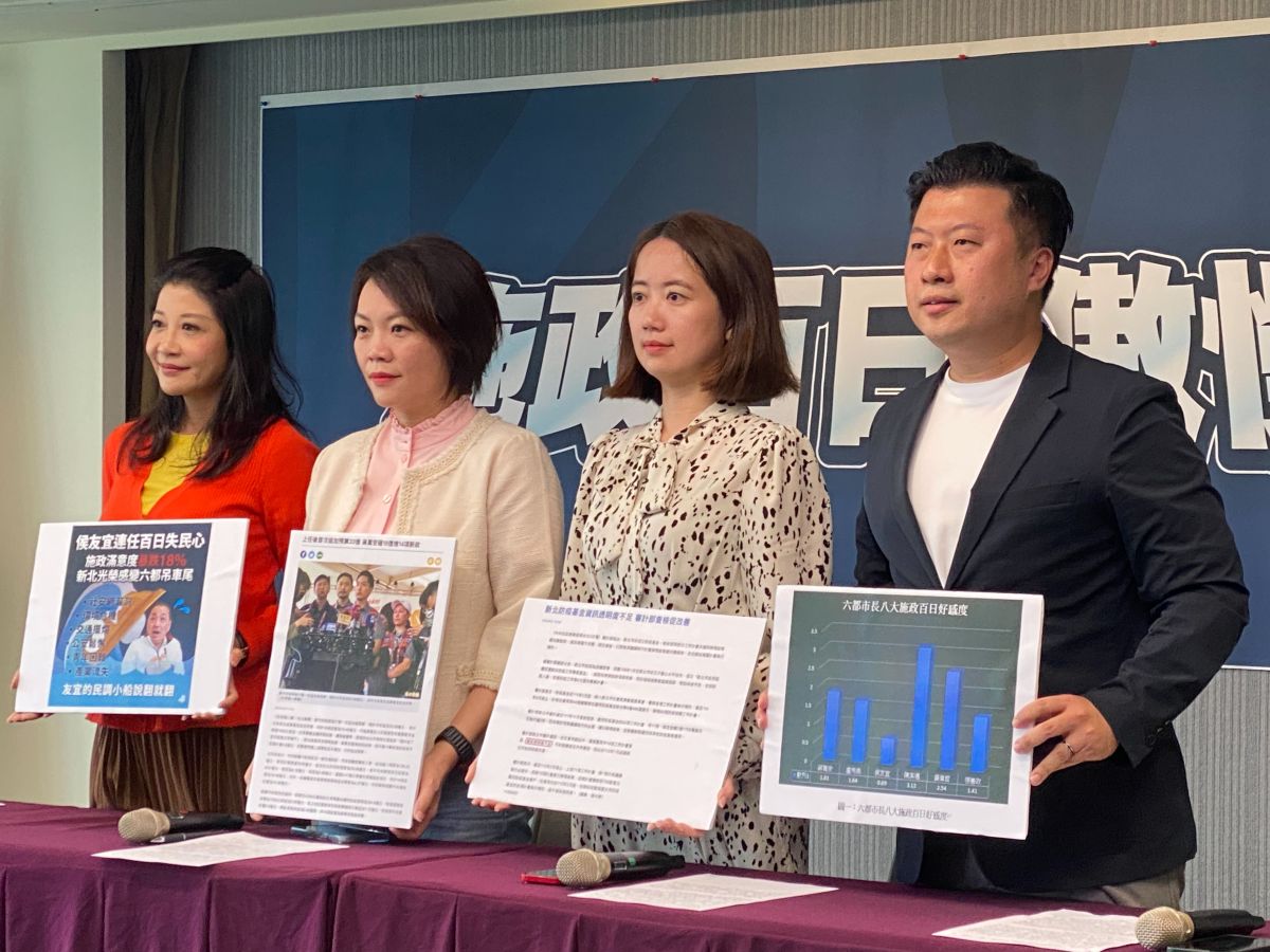▲民進黨今日召開記者會，說明縣市長執政百日後，雙北民調中好感度與滿意度皆敬陪末座，痛批侯友宜、蔣萬安荒廢市政。（圖／記者陳威叡攝，2023.04.05）