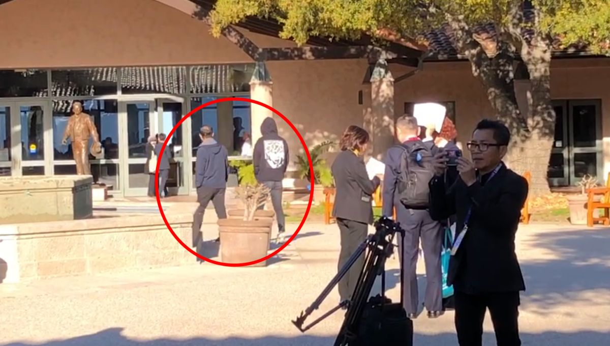 ▲總統蔡英文將與美國眾議院議長麥卡錫會面，有中國籍人士尾隨，稱自己是來「聽聽看講了什麼」。圖紅圈處。（圖／記者黃宣尹攝影）